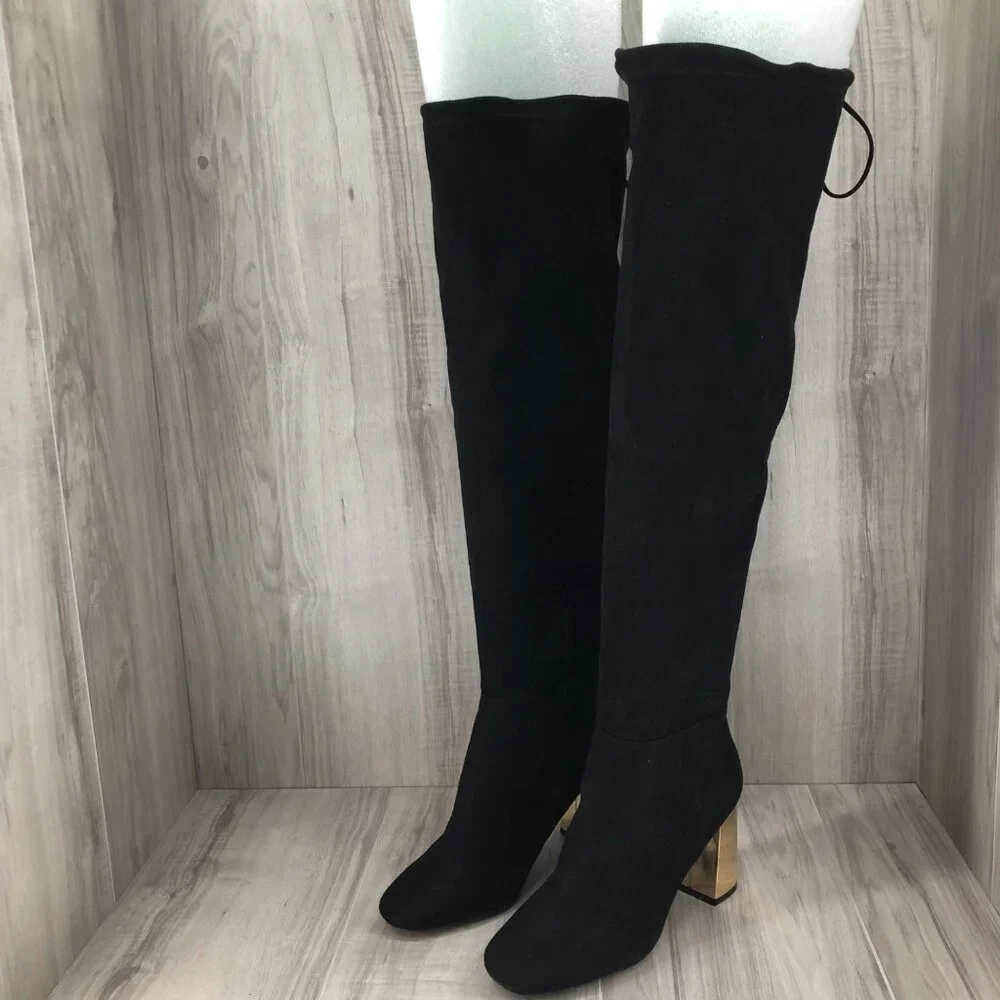 New Look OTK Boots Womens EU 39 Black Faux Suede Pull On Over The Knee